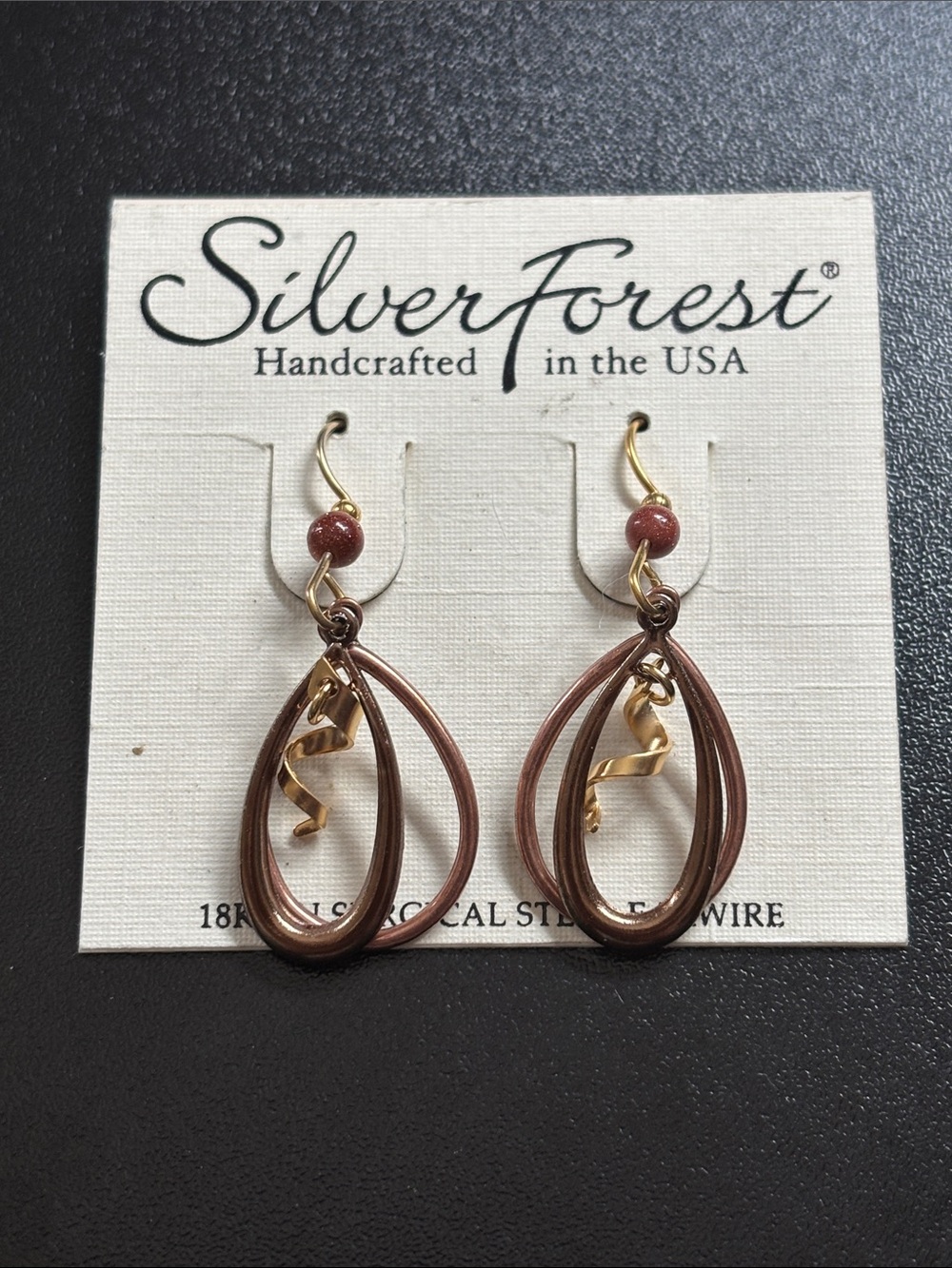 Silver Forest Brown and Gold Spiral Teardrop Dangle Earrings